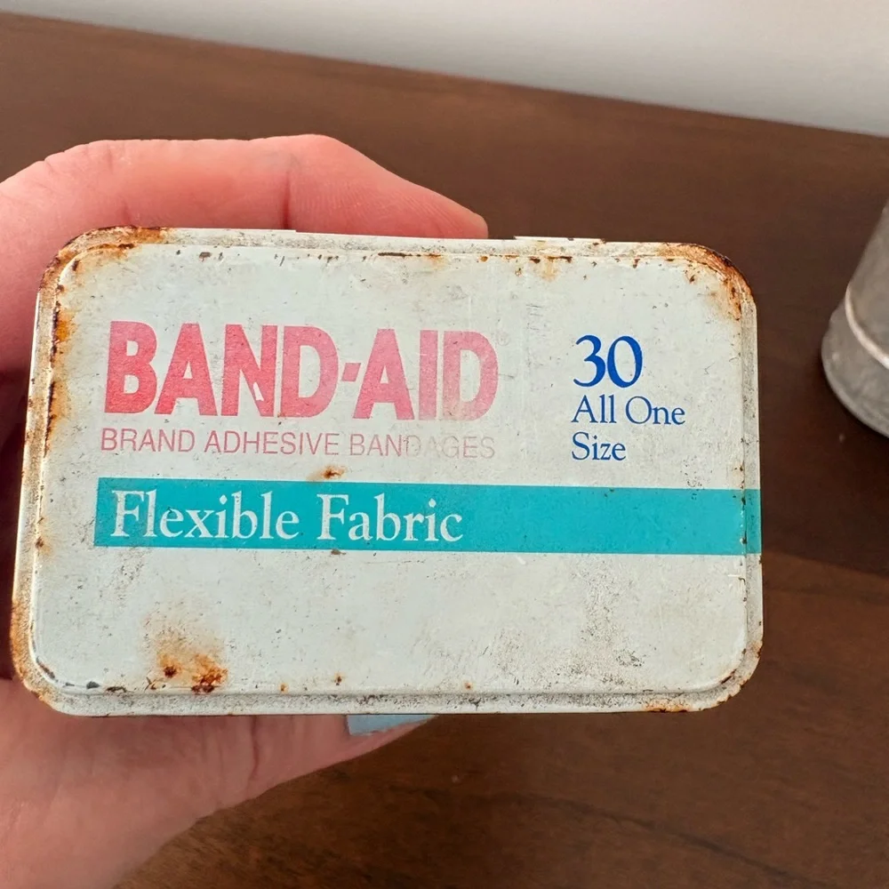 Vintage Metal Band-Aid Container - Flexible Fabric Adhesive Bandages - Beige